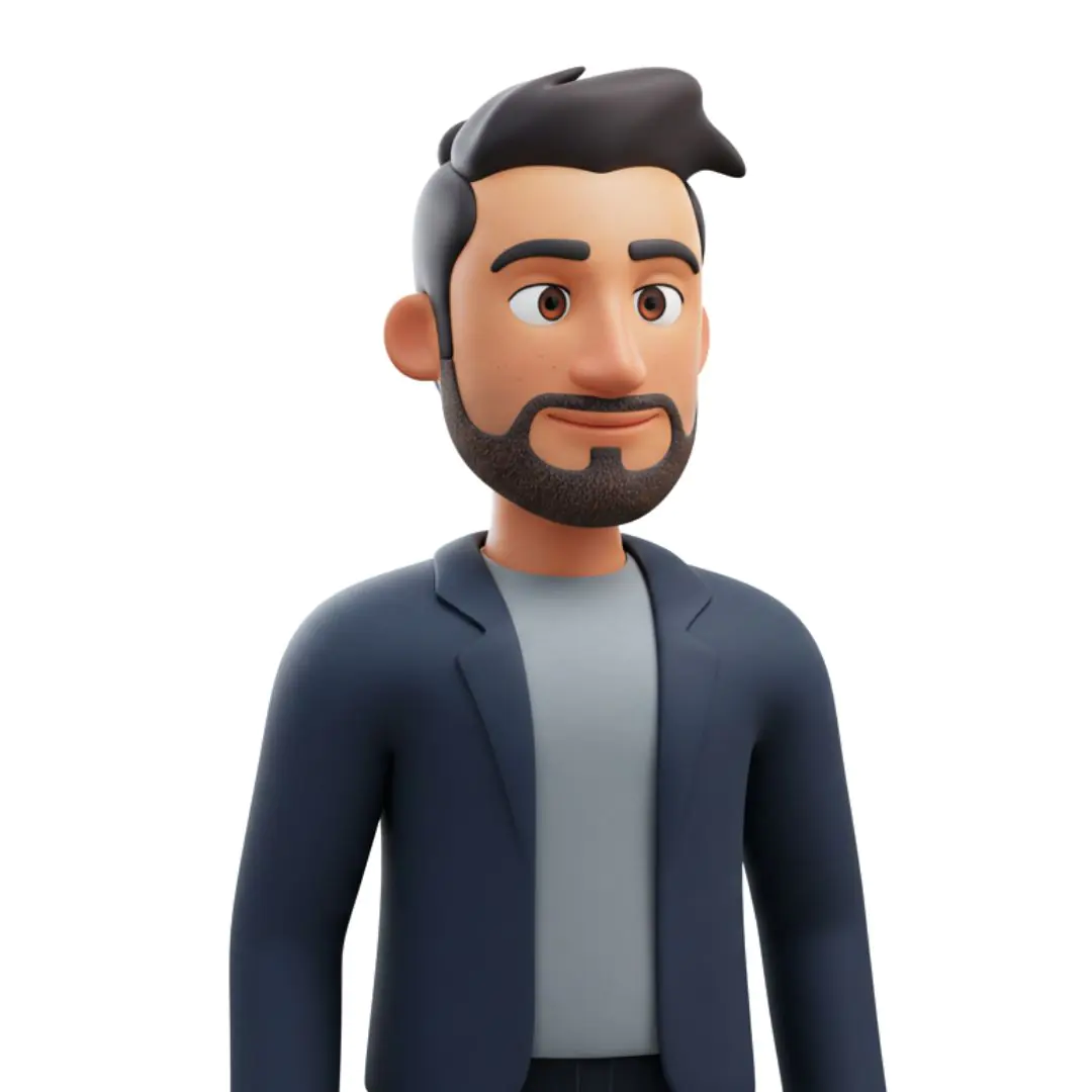 expert-level bearded man 3D avatar navy blazer gray