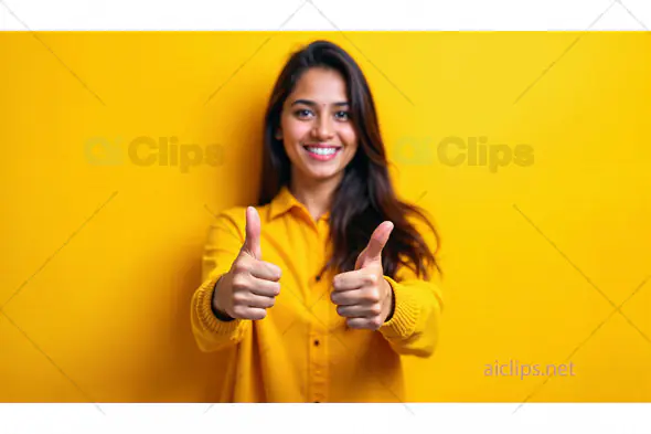 Woman Smiling with Thumbs Up on Yellow Background