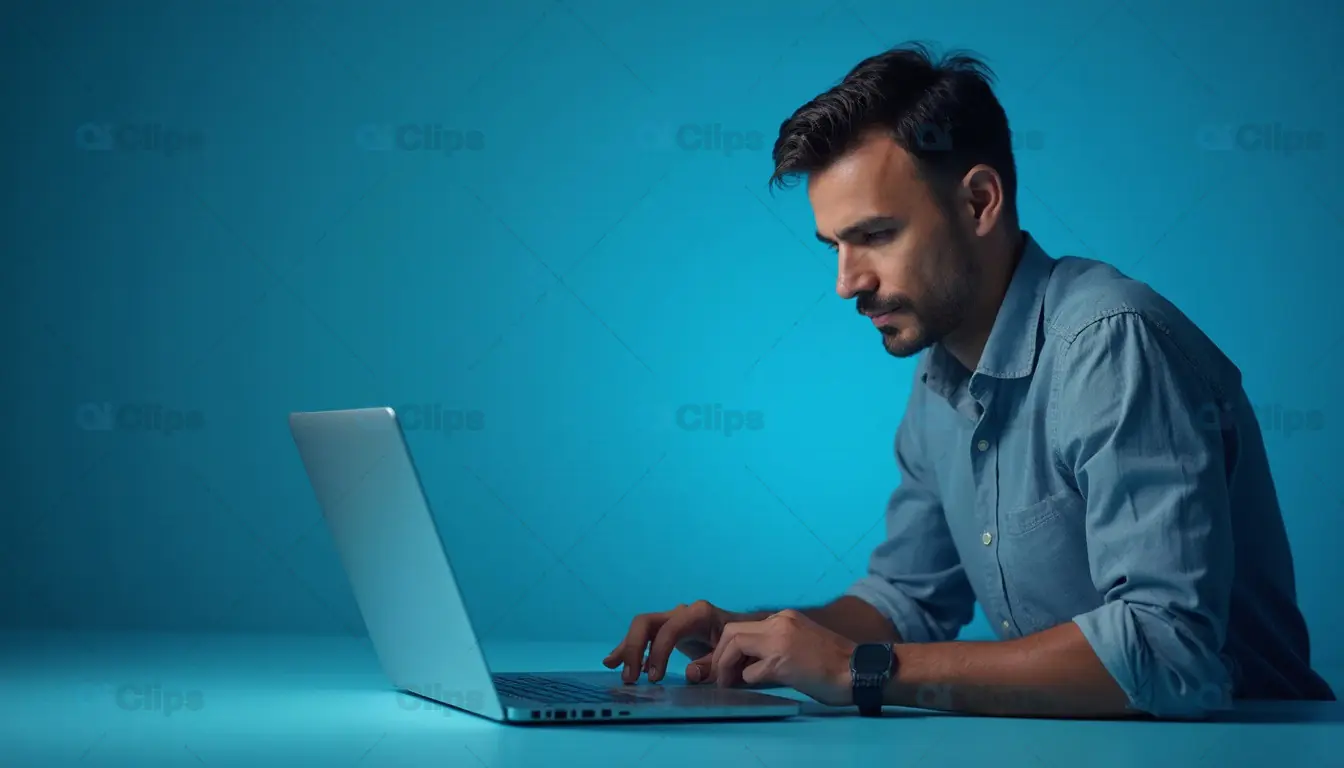 Focused Man Working on Laptop