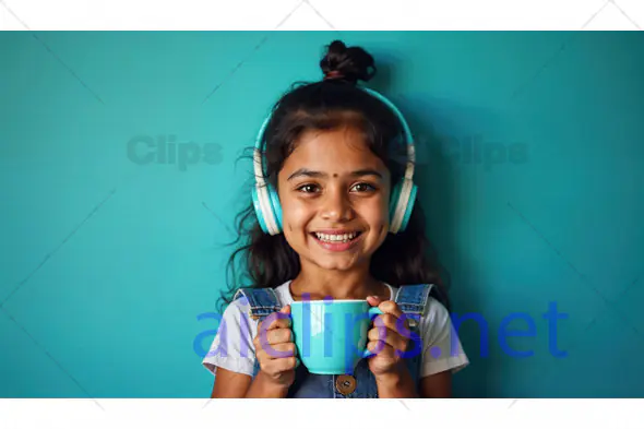 Smiling Girl with Headphones and Mug