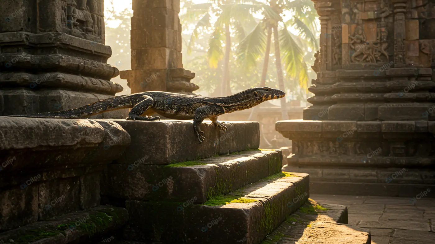 Ancient Temple Guardian: Lizard on Stone Steps