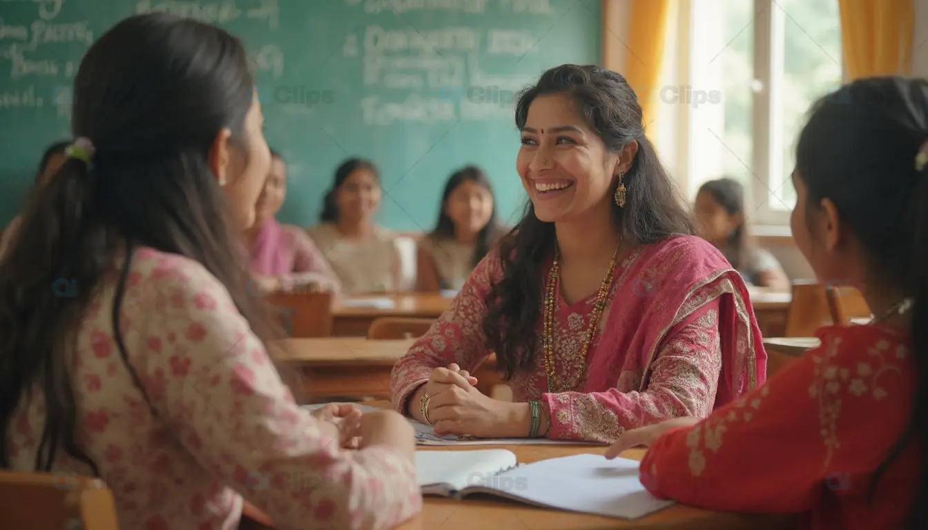 Smiling Indian Teacher Engaging with Students in Classroom