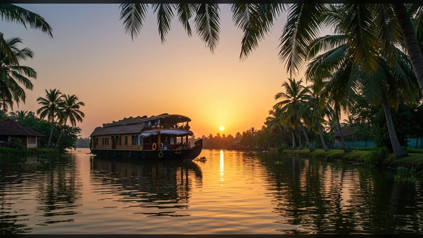 Traditional Kerala Houseboat at Sunrise Over Calm Backwaters