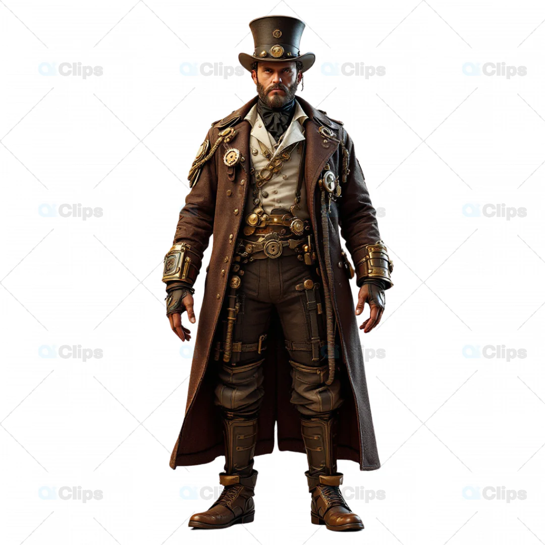 3D Steampunk Gentleman Character with Top Hat and Detailed Attire
