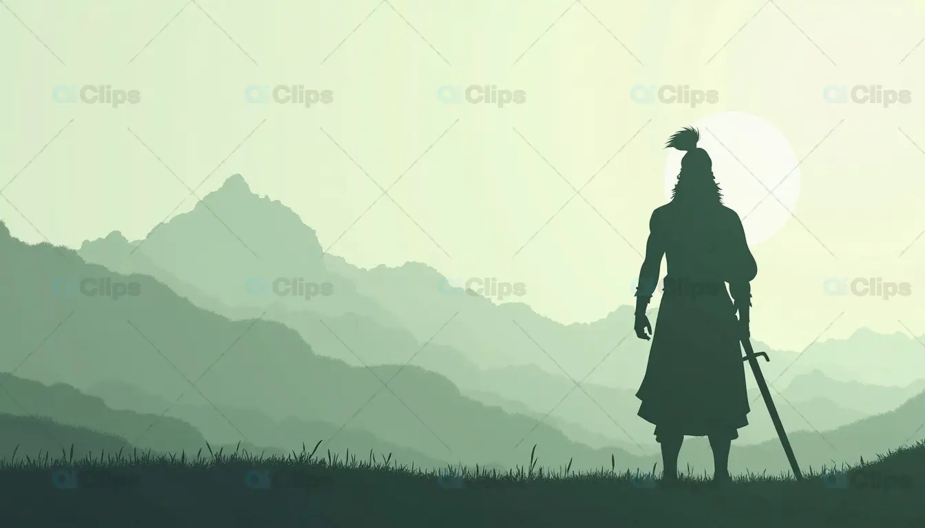 Warrior Overlooking the Mountains at Dawn