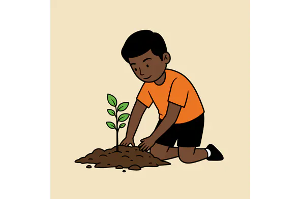 Young Boy Planting Sapling Vector