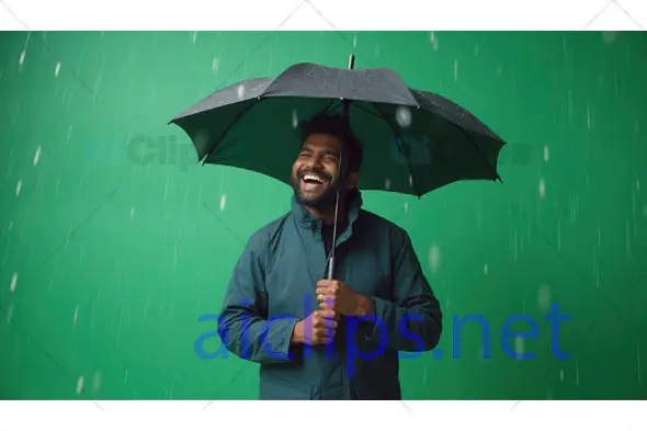 Man Laughing Under Black Umbrella in Rain