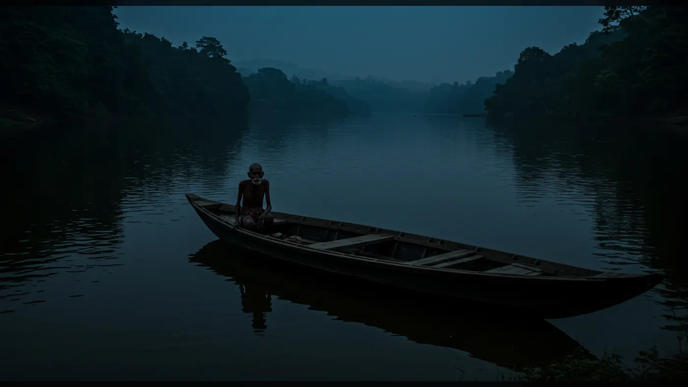 Ghostly Boatman on a Dark River – Horror Night Visual