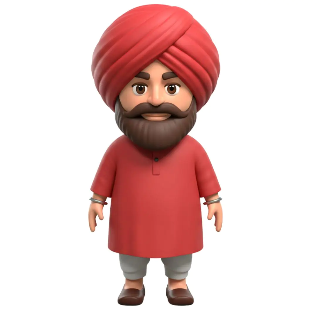 Cartoon Sikh man 3D avatar red turban kurta