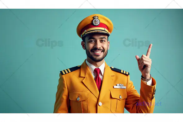 Smiling Male Attendant in Yellow Uniform Pointing Up