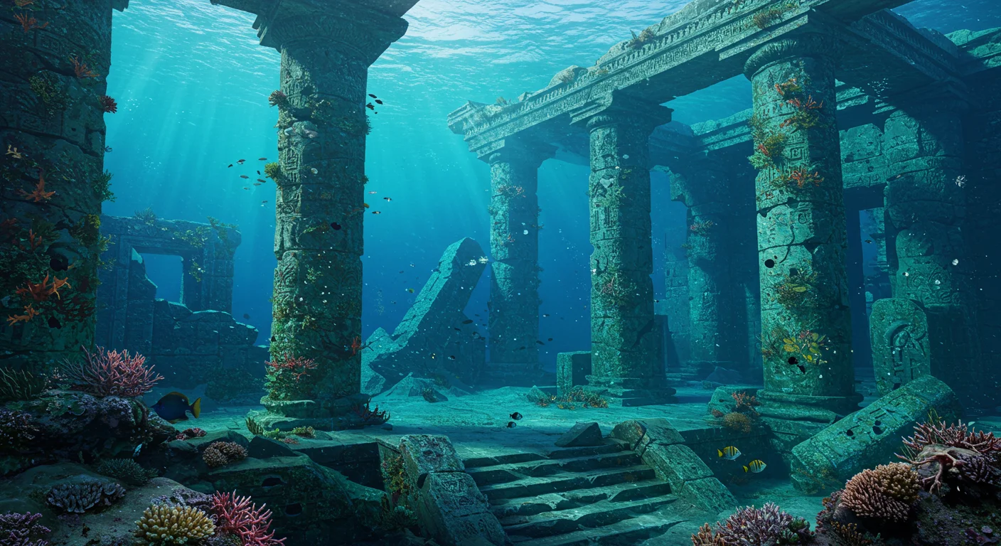 Submerged Ancient Temple Ruins with Marine Life and Sun Rays