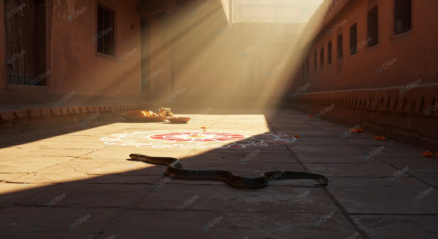 Sunlit Courtyard with Snake and Rangoli