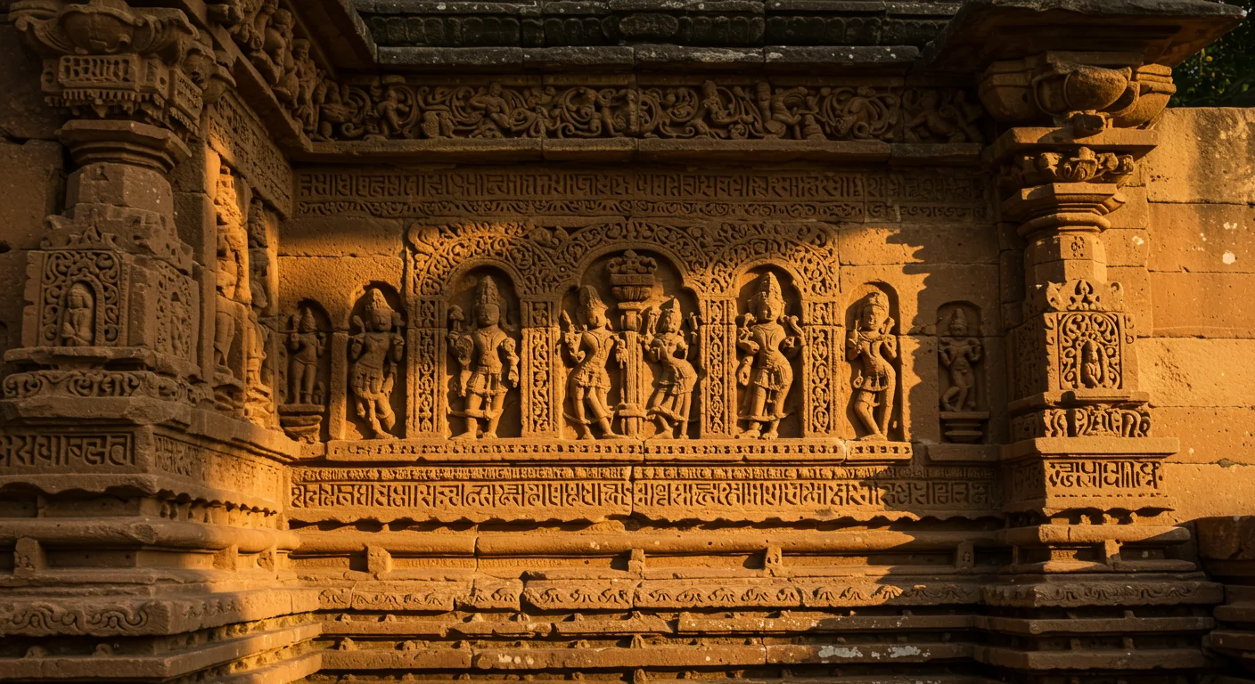 Ancient Temple Wall with Sculptures | Sunlit Indian Heritage Carvings