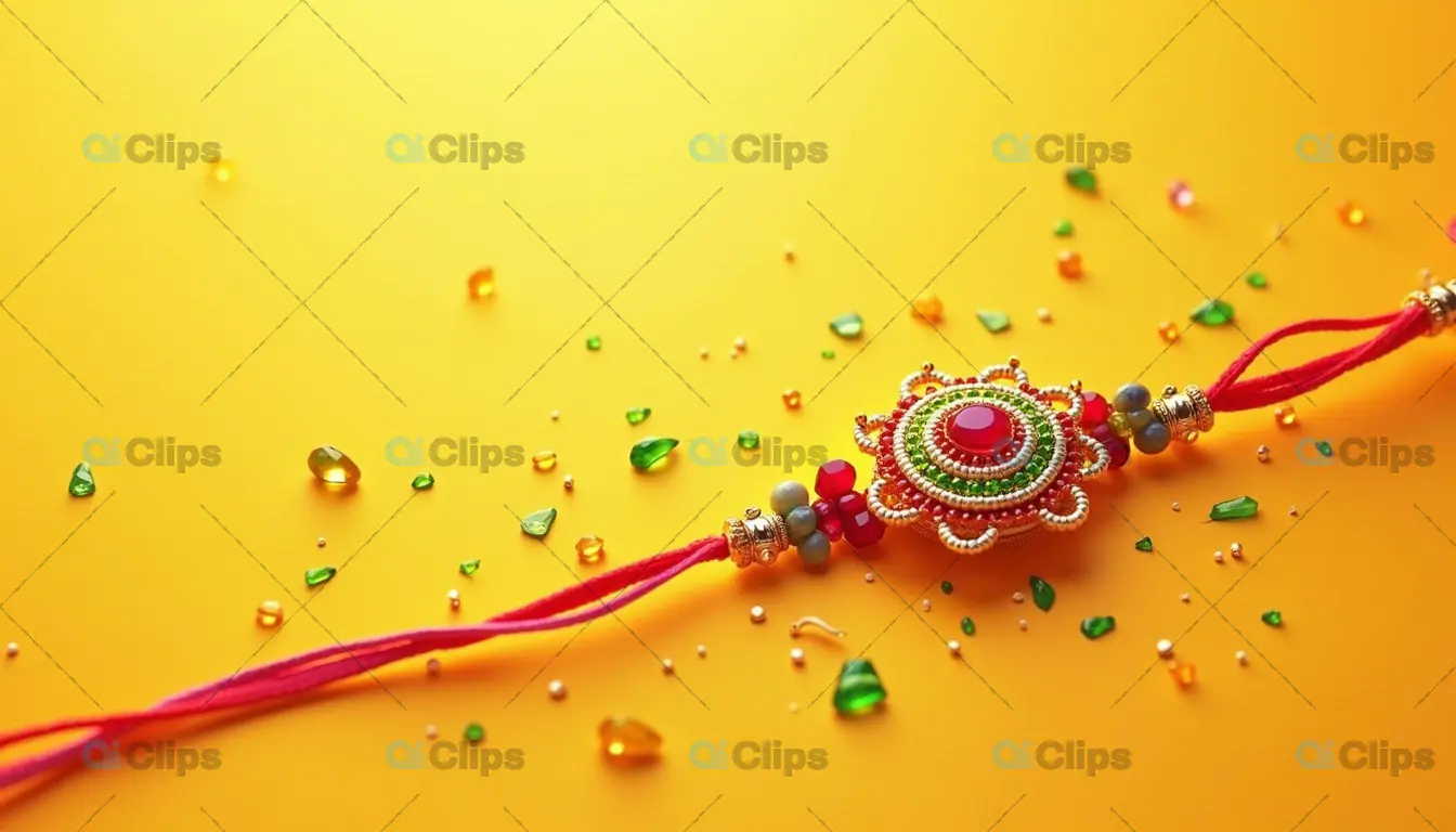 Intricate Rakhi with Gemstone Embellishments on a Festive Yellow Background