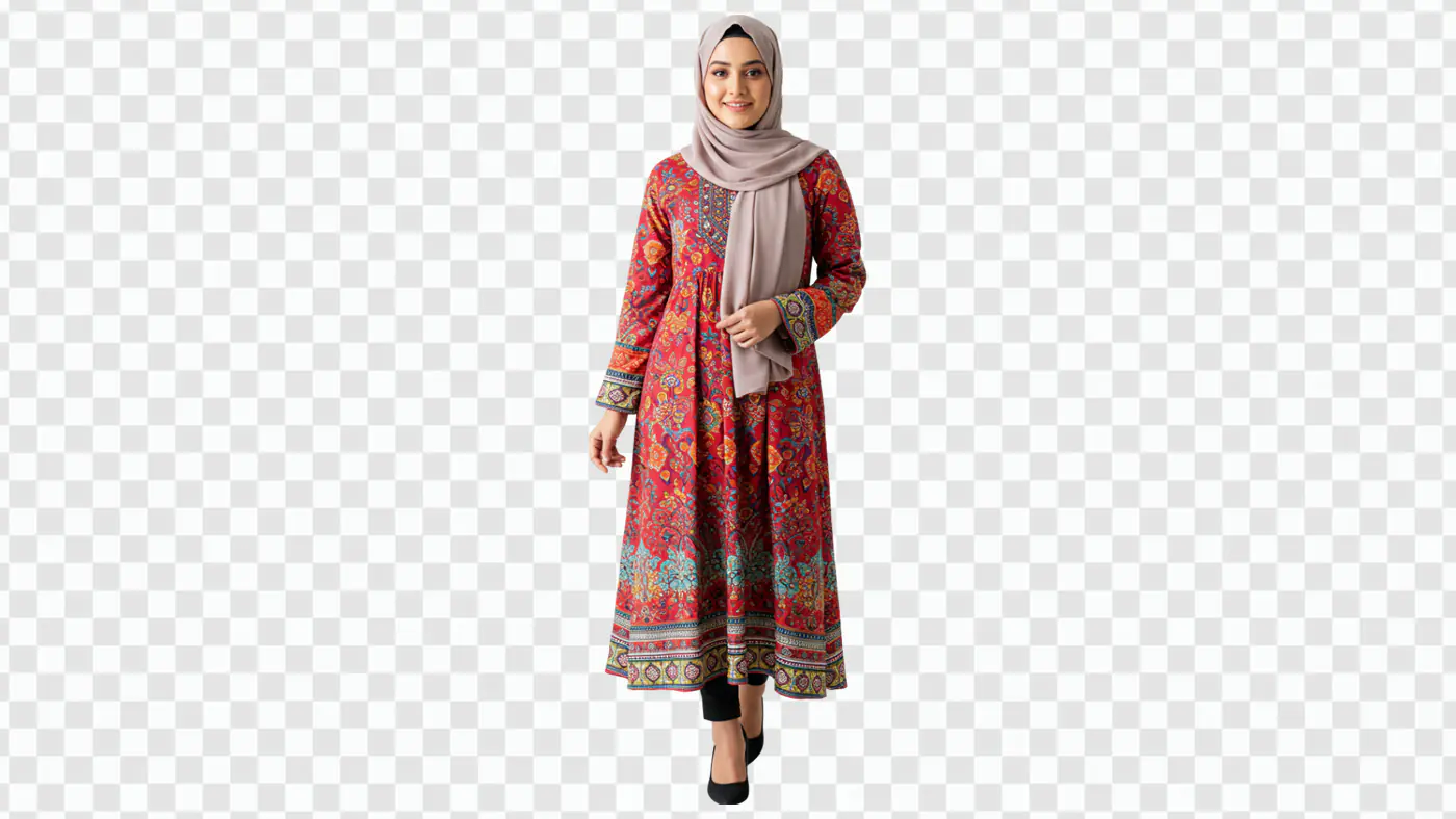 Elegant Woman in Floral Printed Abaya PNG