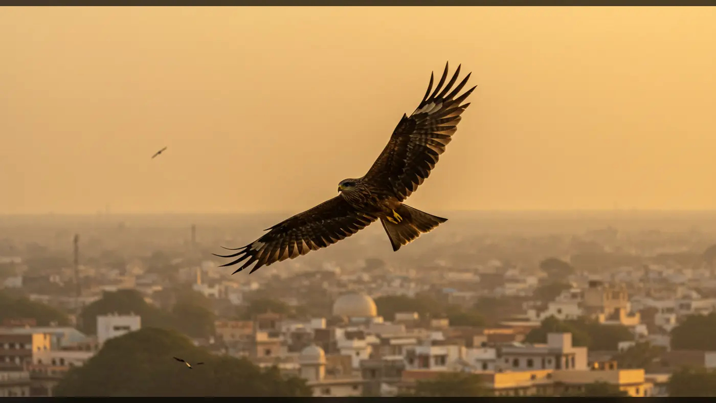 Majestic Eagle Gliding Over Cityscape at Sunset