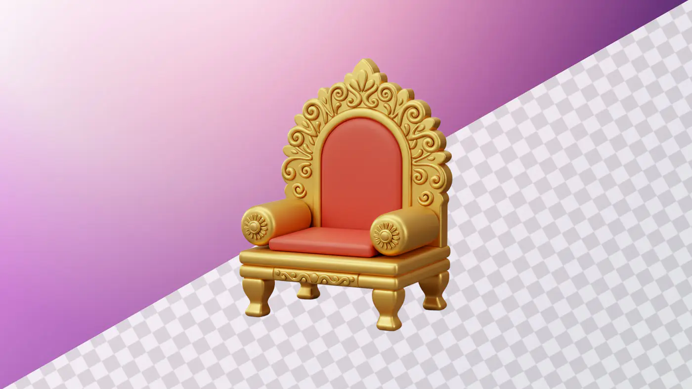 Ornate golden throne with red cushion and scrollwork