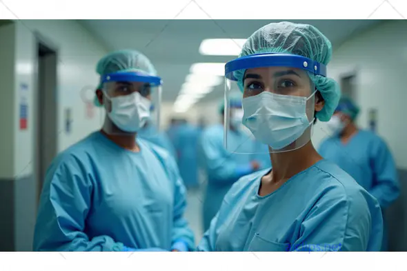 Healthcare Workers in PPE at Hospital Corridor