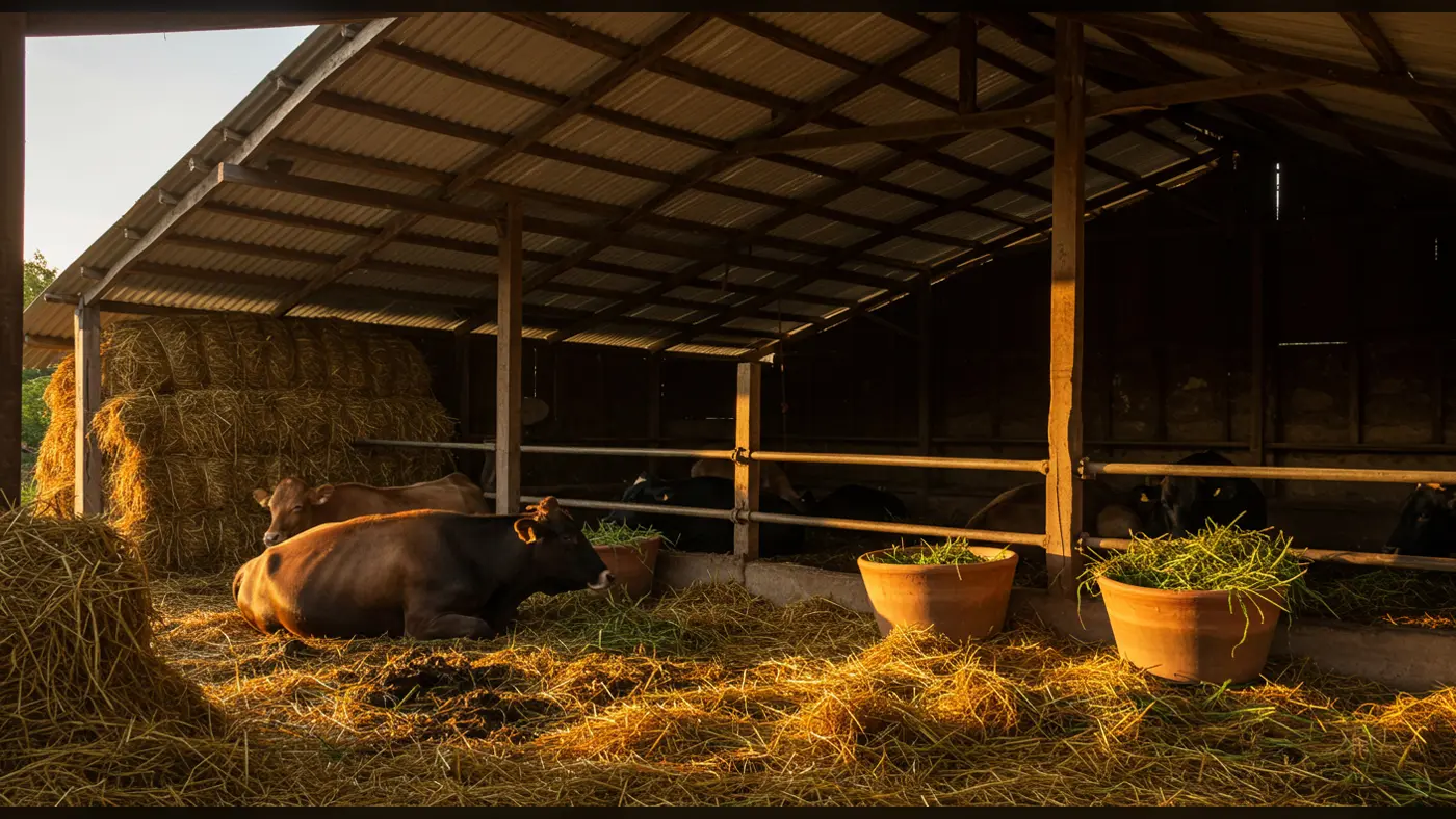 Indian Cattle Shed at Sunset | Rural Cow Farming Scene by AIClips