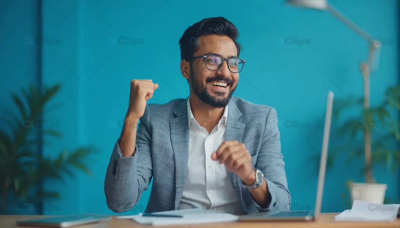 Happy Businessman Celebrating Achievement at Desk