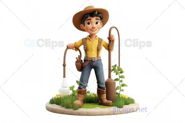 3D Cartoon Farmer with Irrigation System3D farmer model, cartoon farmer with irrigation, rural farmi