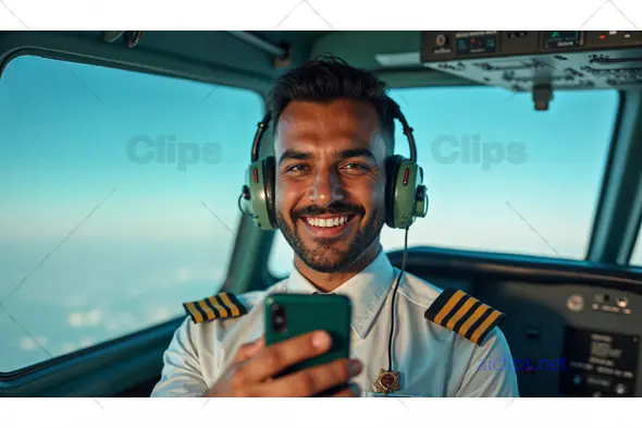 Smiling Pilot in Cockpit Using Phone