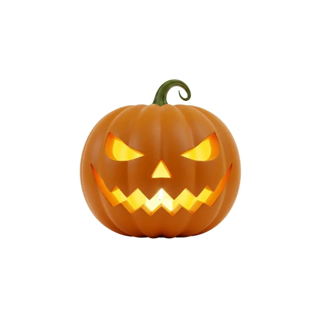 Glowing orange jack o lantern with menacing expression