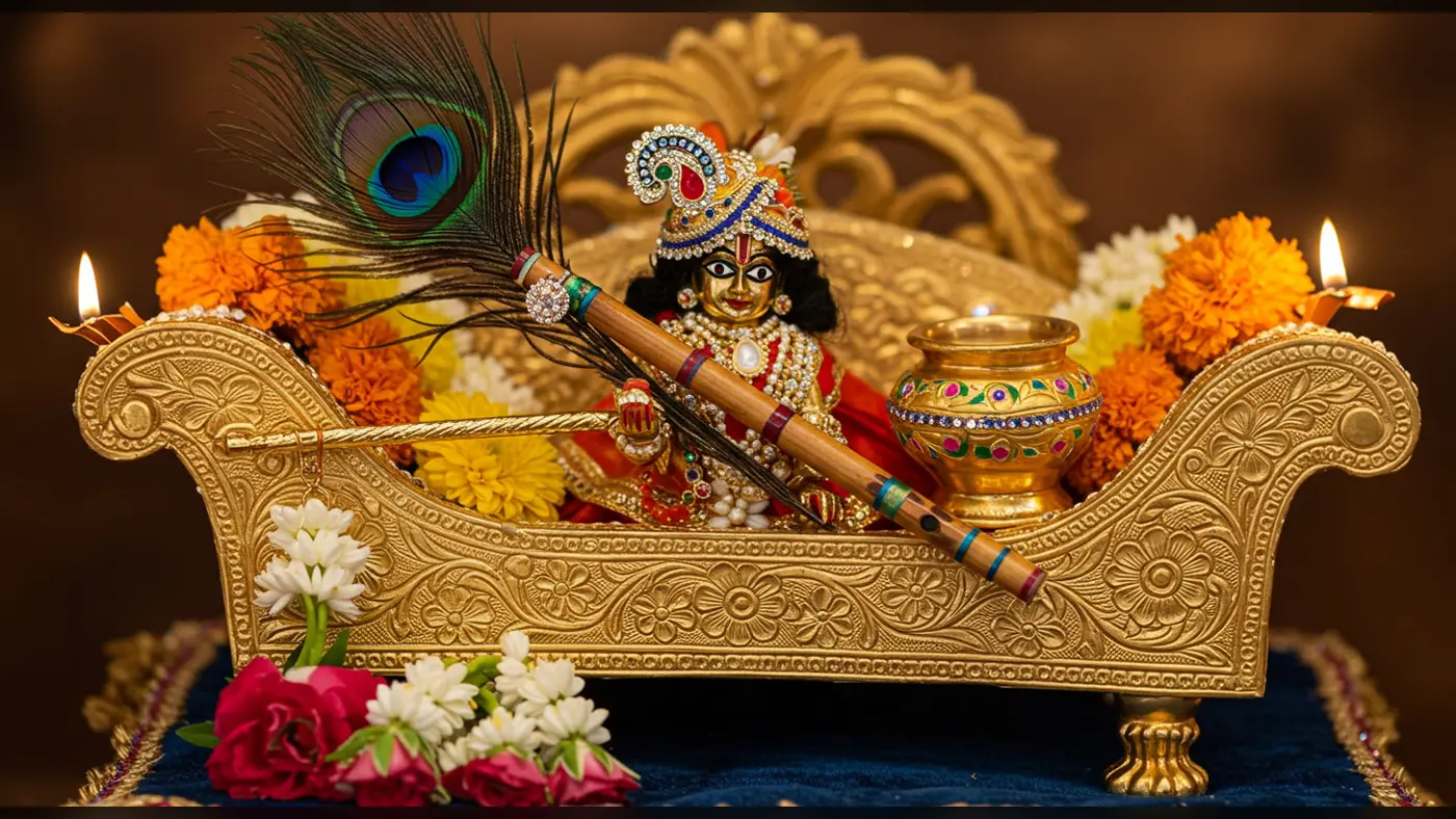 Baby Krishna in Golden Jhula with Decorative Flute and Kalash | AIClips Janmashtami Visual