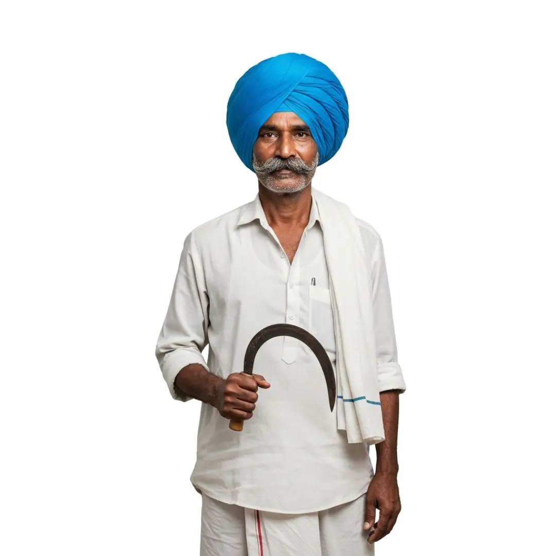 Sikh Farmer with Blue Turban Holding Sickle PNG
