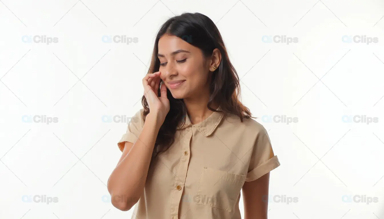 Woman Smiling with Shy Gesture