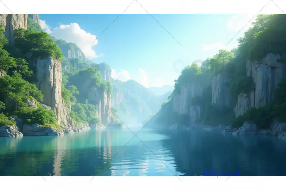 Serene River Valley with Cliffs and Lush Greenery