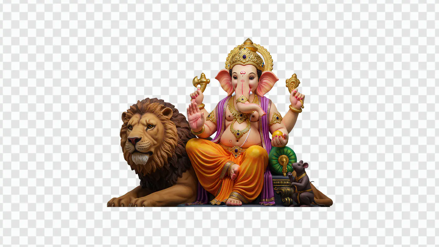 Ganesha Seated on Majestic Lion Statue PNG