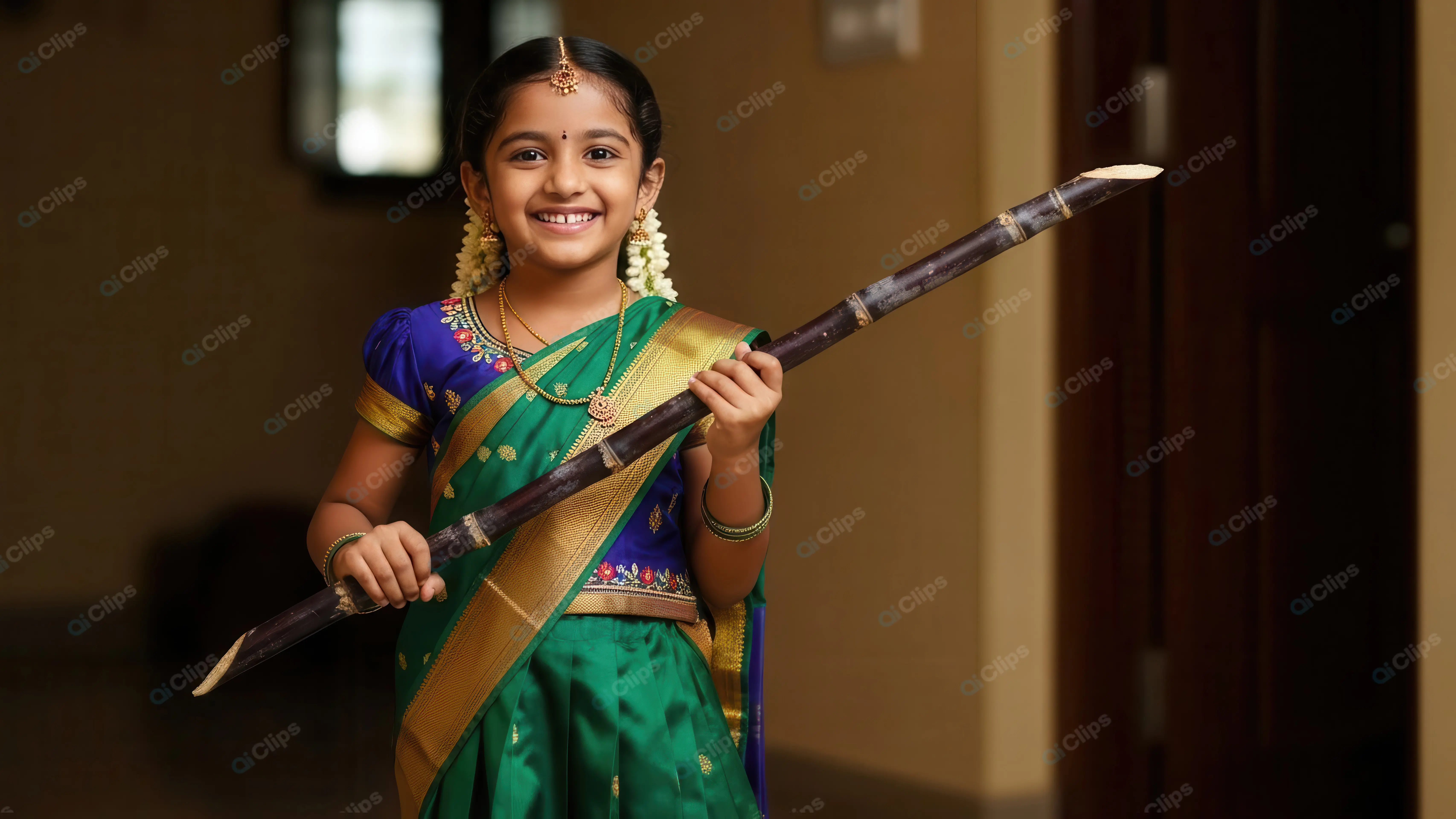 Joyful Girl in Traditional South Indian Dress