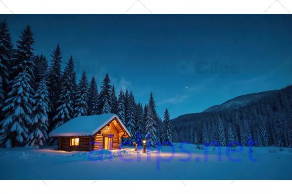 Cozy Cabin in Snowy Forest at Night