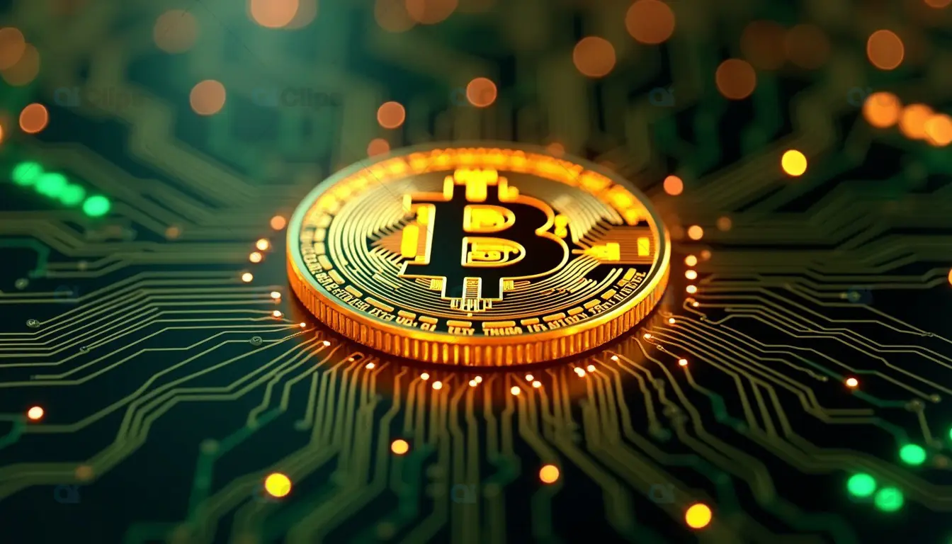 Golden Bitcoin on Digital Circuit Background