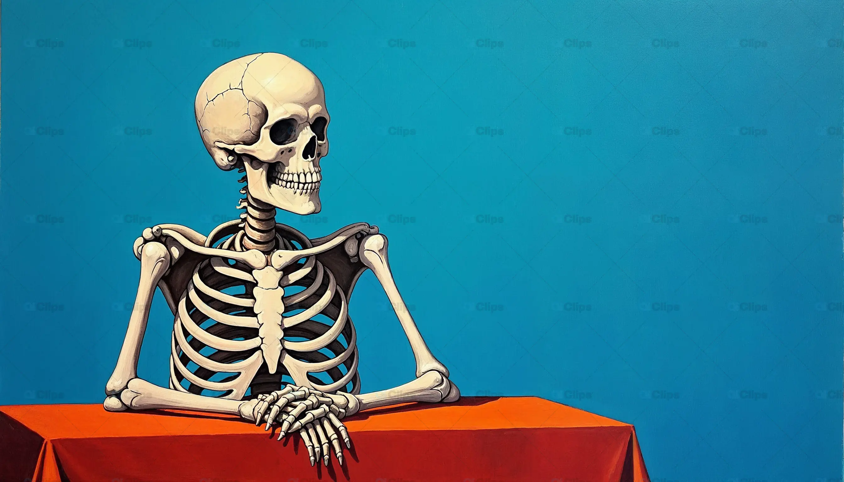 Skeleton at a Table with Blue Background