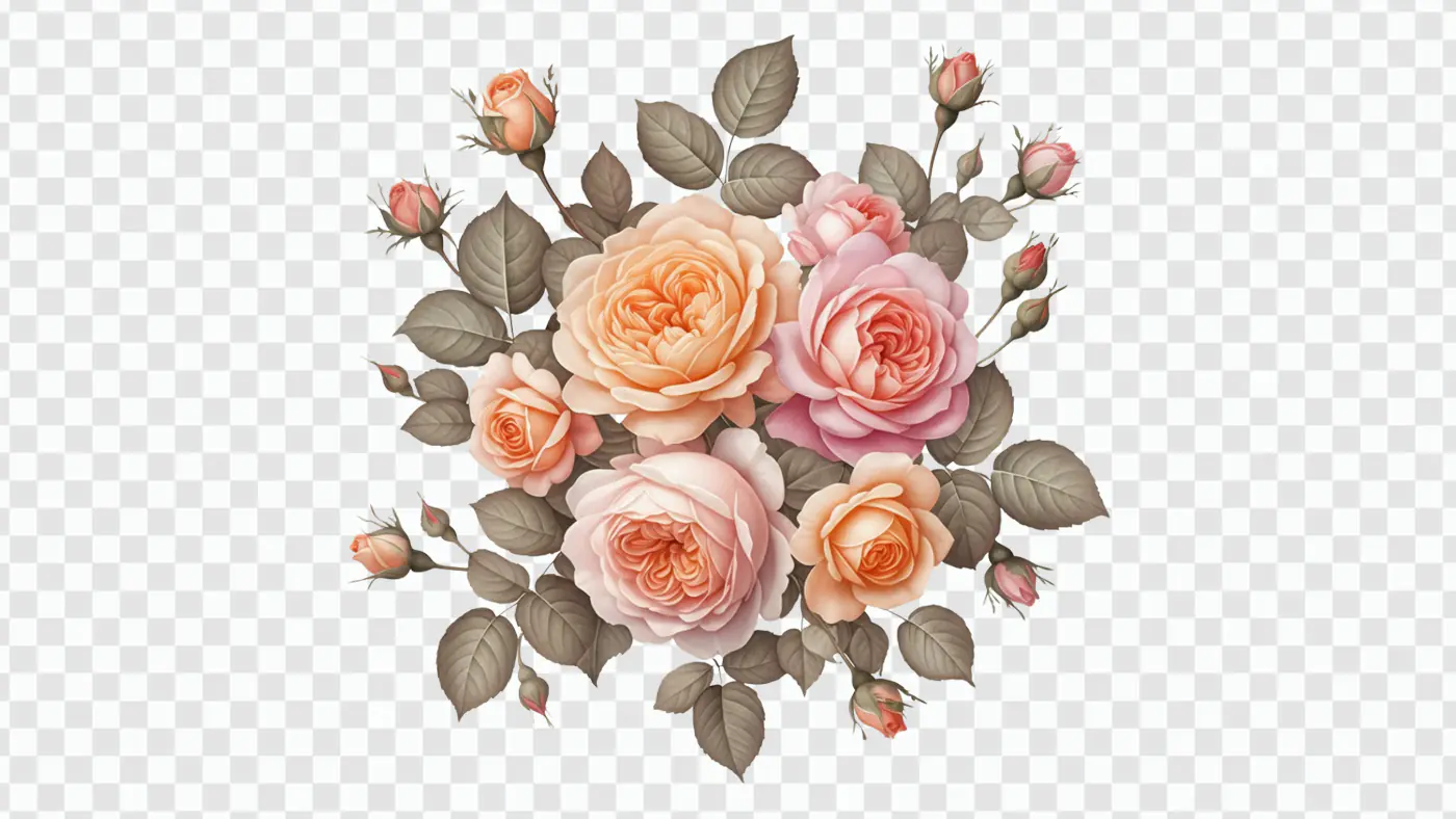 Vintage Peach Rose Bouquet Illustration PNG