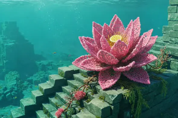 Sacred Coral Lotus Blooming Underwater Ruins
