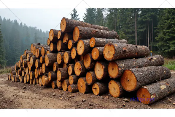 Stacked Pile of Cut Logs in Forest