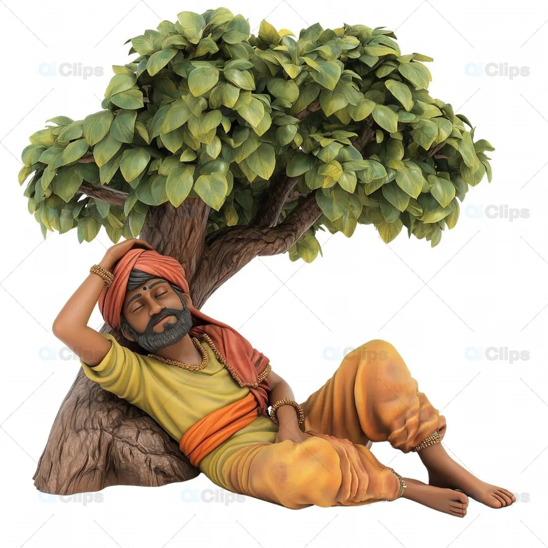3D Cartoon Indian Man Relaxing Under Tree