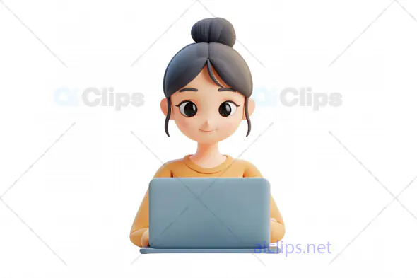3D Girl Avatar Focused on Laptop Work
