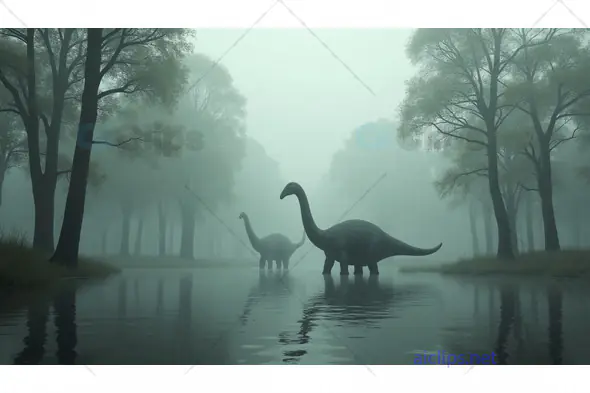 Dinosaurs Walking Through a Misty Prehistoric Forest