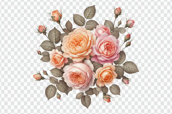 Vintage Peach Rose Bouquet Illustration PNG