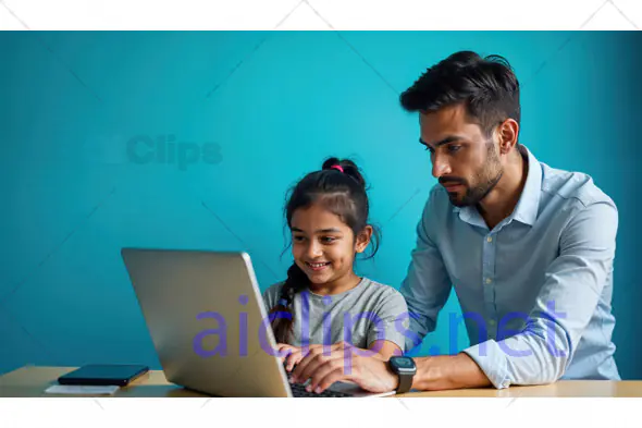 Father Teaching Daughter with Laptop