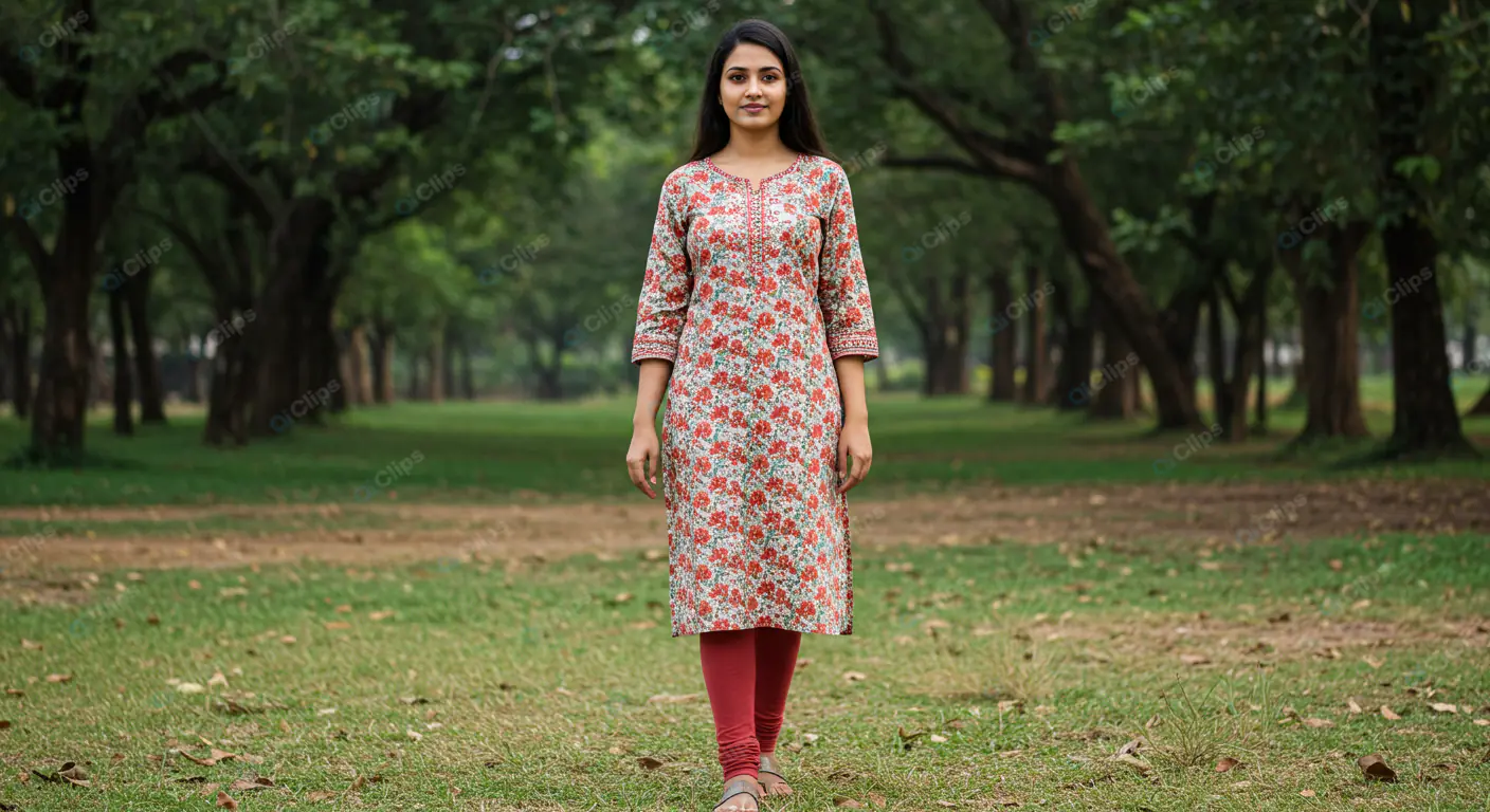 Woman in Floral Kurti Amid Green Park