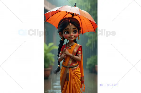 Cute 3D Cartoon Girl in Traditional Saree Holding Umbrella in Rain