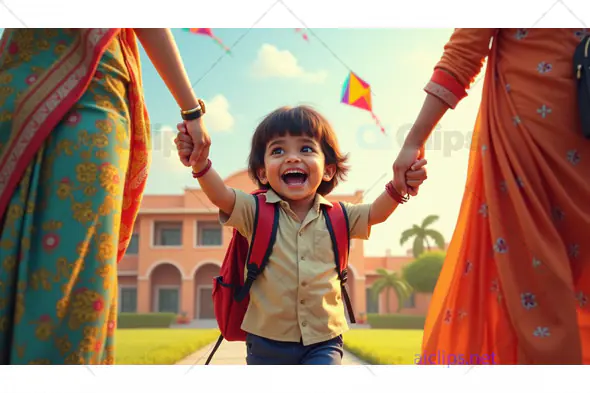 Happy School Child with Parents on First Day of School