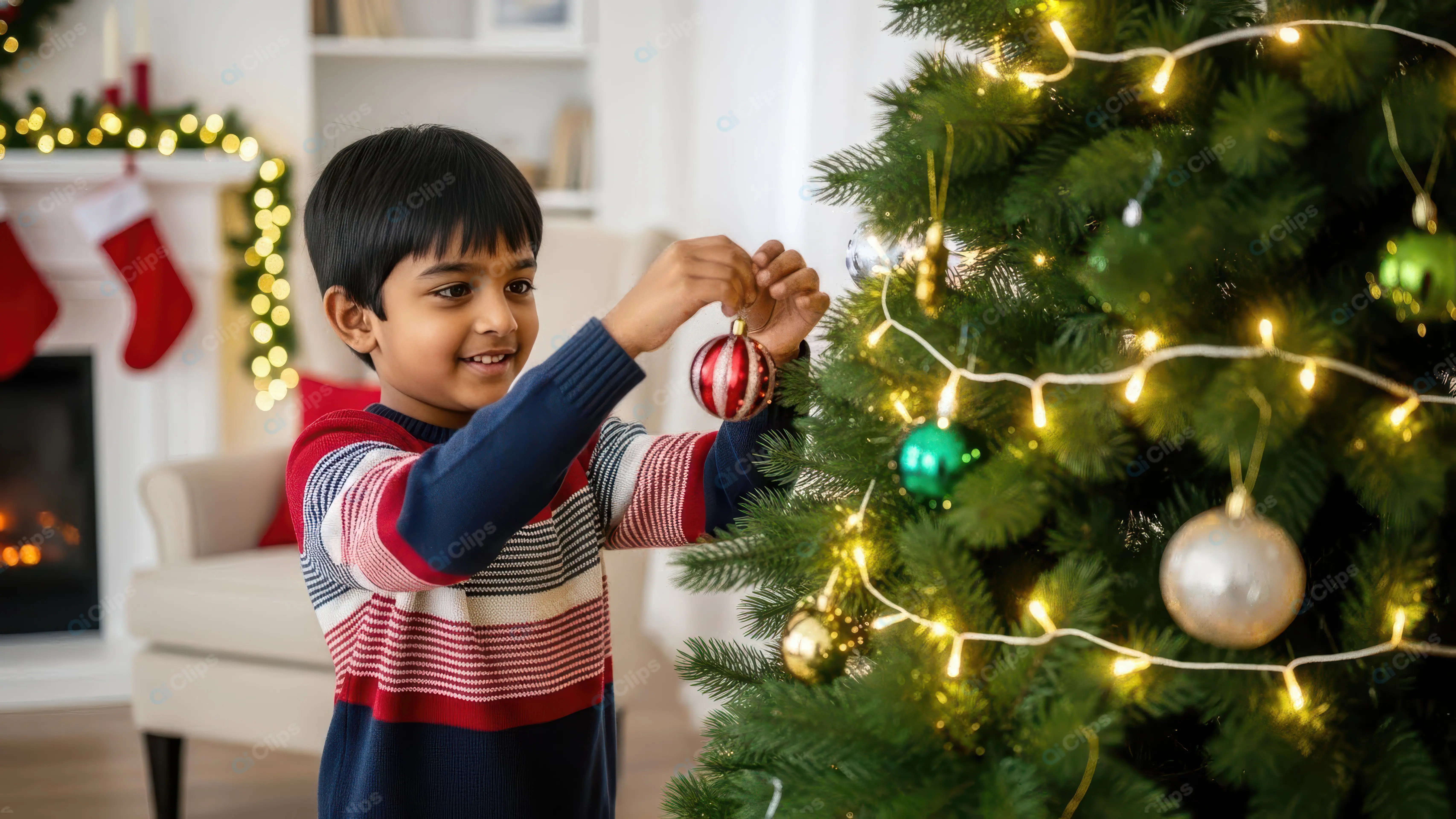 Smiling Boy Decorating a Christmas Tree