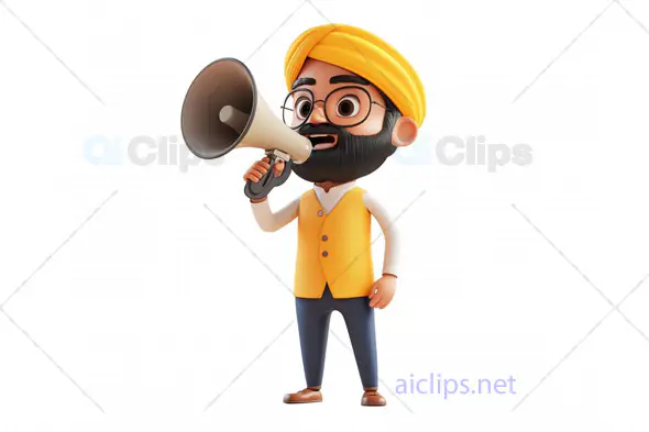 3D Indian Sikh Man Announcing with a Megaphone in Yellow Turban