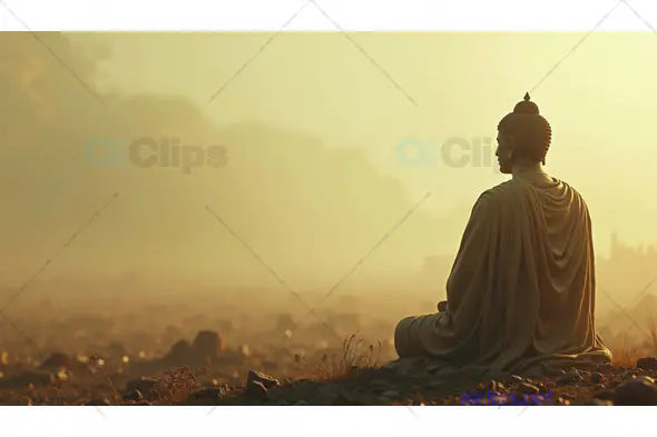 Buddha Statue in Serene Landscape at Sunrise